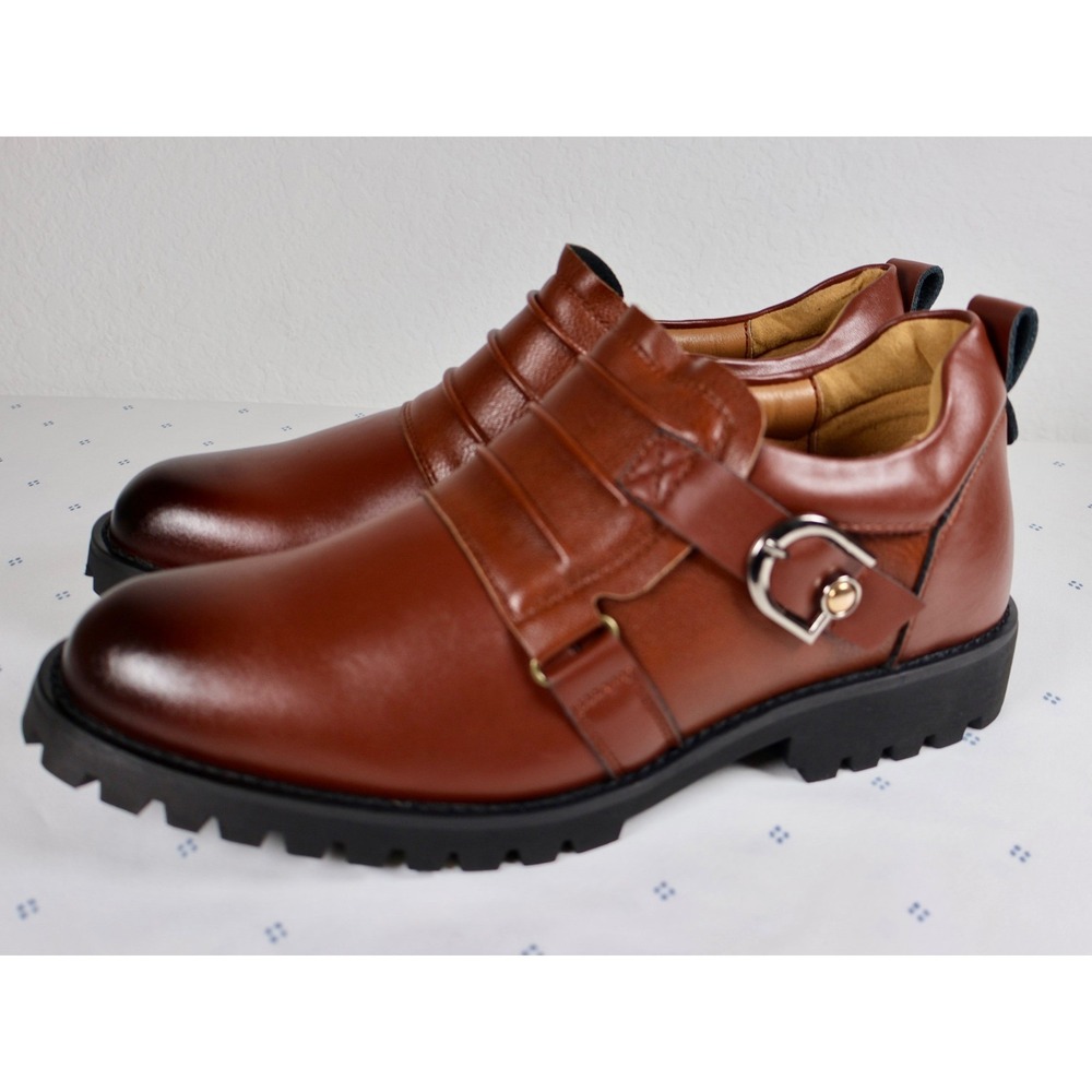 Brown Faux Leather Shoes Mens Size 7 Buckle Oxford Lug‎ Sole Zip Up 40 RETRO